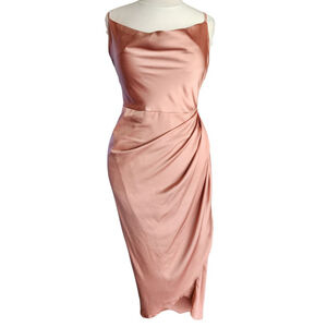 lip Dress Women’s L Blush Pink Cowl Neck Midi Draped Side Spaghetti Strap